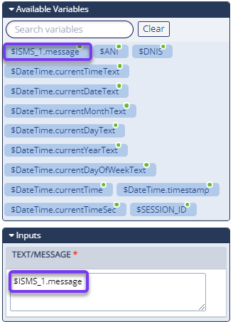 A sample Detect Language action Configurations Panel where a variable has been dragged and dropped from the Available Variables section into the Text/Message field in the Inputs section